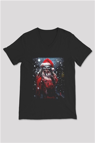 Yılbaşı Siyah Unisex V Yaka Tişört T-Shirt
