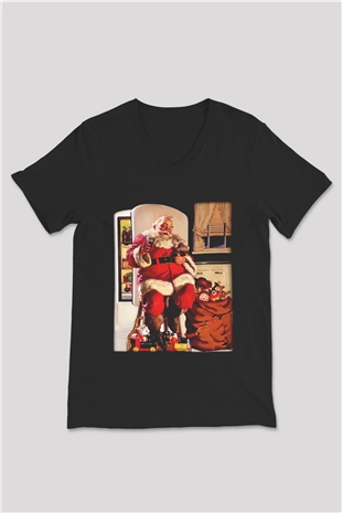 Yılbaşı Siyah Unisex V Yaka Tişört T-Shirt