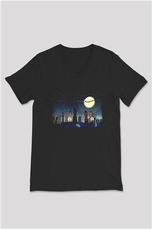 Yılbaşı Siyah Unisex V Yaka Tişört T-Shirt