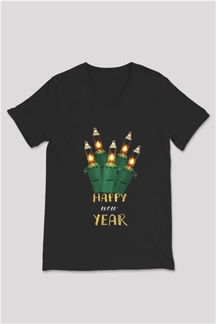 Yılbaşı Siyah Unisex V Yaka Tişört T-Shirt