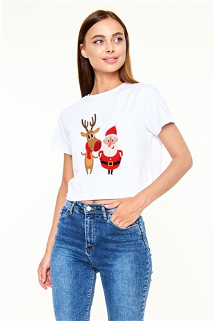 Yılbaşı Yeni Yıl Christmas Beyaz Croptop Tişört