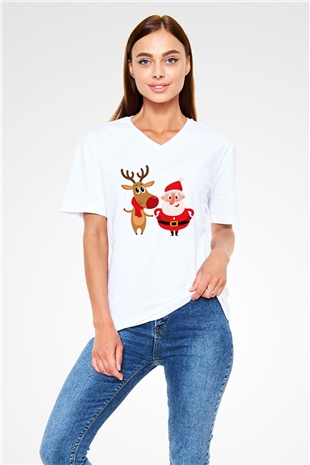 Yılbaşı Yeni Yıl Christmas Beyaz Unisex V Yaka Tişört T-Shirt