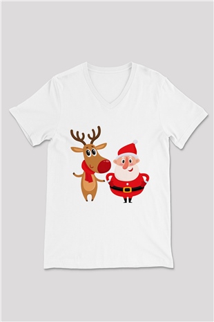 Yılbaşı Yeni Yıl Christmas Beyaz Unisex V Yaka Tişört T-Shirt