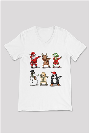 Yılbaşı Yeni Yıl Christmas Beyaz Unisex V Yaka Tişört T-Shirt