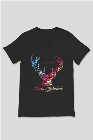 Yılbaşı Yeni Yıl Christmas Siyah Unisex V Yaka Tişört T-Shirt
