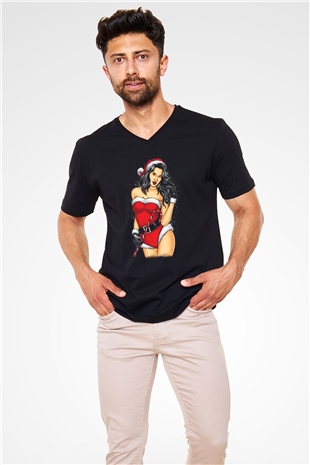 Yılbaşı Yeni Yıl Siyah Unisex V Yaka Tişört T-Shirt