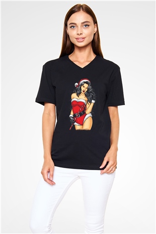 Yılbaşı Yeni Yıl Siyah Unisex V Yaka Tişört T-Shirt