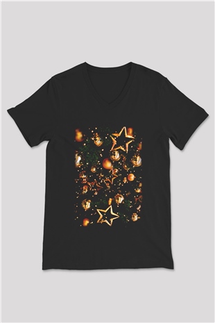 Yılbaşı Yeni Yıl Siyah Unisex V Yaka Tişört T-Shirt