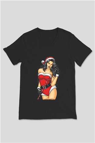 Yılbaşı Yeni Yıl Siyah Unisex V Yaka Tişört T-Shirt