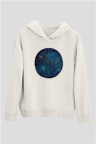 Yıldız Haritaları Baskılı Beyaz Unisex Hoodie