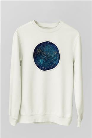 Yıldız Haritaları Baskılı Beyaz Unisex Sweatshirt