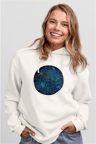 Yıldız Haritaları Baskılı Beyaz Unisex Hoodie