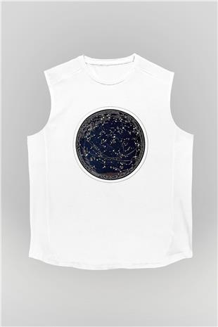 Yıldız Haritaları Baskılı Beyaz Unisex Kolsuz Tişört - Tshirt