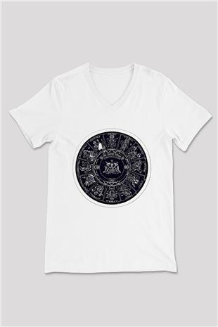 Yıldız Haritaları Baskılı Beyaz Unisex V Yaka Tişört - Tshirt