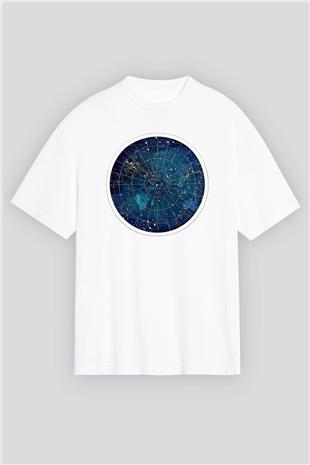 Yıldız Haritaları Baskılı Beyaz Unisex Oversize Tişört - Tshirt