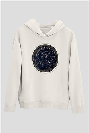Yıldız Haritaları Baskılı Beyaz Unisex Hoodie