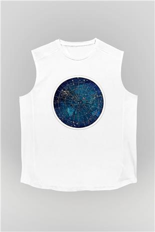 Yıldız Haritaları Baskılı Beyaz Unisex Kolsuz Tişört - Tshirt