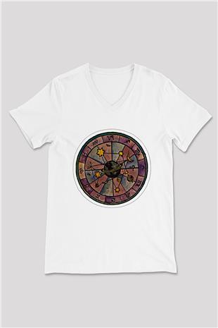 Yıldız Haritaları Baskılı Beyaz Unisex V Yaka Tişört - Tshirt