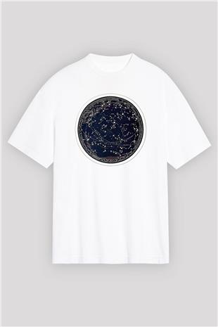 Yıldız Haritaları Baskılı Beyaz Unisex Oversize Tişört - Tshirt