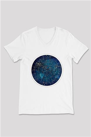 Yıldız Haritaları Baskılı Beyaz Unisex V Yaka Tişört - Tshirt