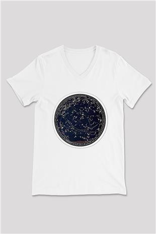 Yıldız Haritaları Baskılı Beyaz Unisex V Yaka Tişört - Tshirt