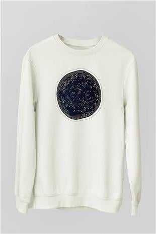 Yıldız Haritaları Baskılı Beyaz Unisex Sweatshirt