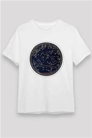 Yıldız Haritaları Unisex Baskılı Beyaz Tişört - Tshirt