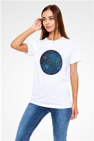 Yıldız Haritaları Unisex Baskılı Beyaz Tişört - Tshirt