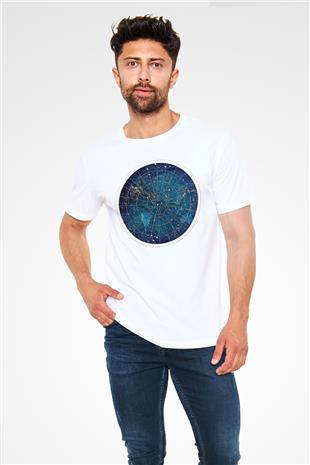 Yıldız Haritaları Unisex Baskılı Beyaz Tişört - Tshirt