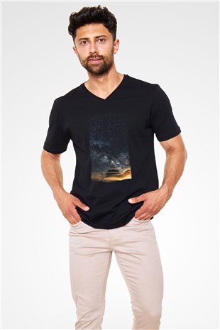 Yıldız Siyah Unisex V Yaka Tişört