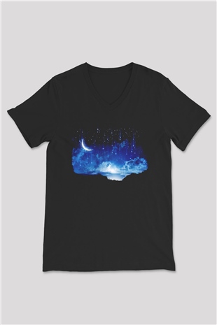 Yıldız Siyah Unisex V Yaka Tişört T-Shirt