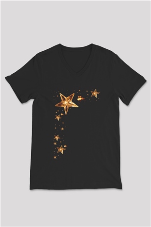Yıldız Siyah Unisex V Yaka Tişört T-Shirt