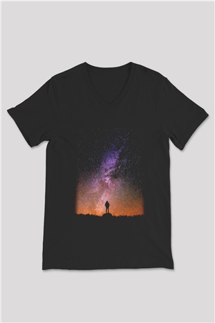 Yıldız Siyah Unisex V Yaka Tişört T-Shirt