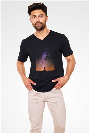 Yıldız Siyah Unisex V Yaka Tişört T-Shirt