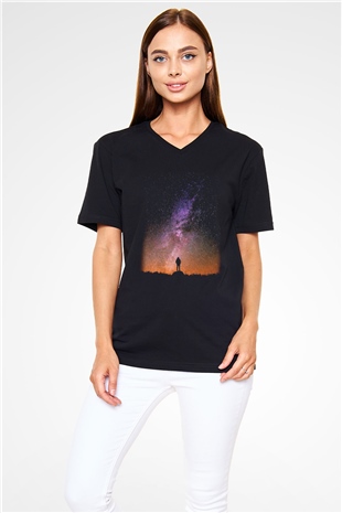 Yıldız Siyah Unisex V Yaka Tişört T-Shirt