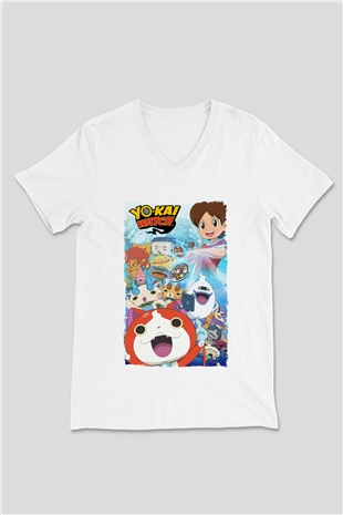 Yo-kai Watch Beyaz Unisex V Yaka Tişört