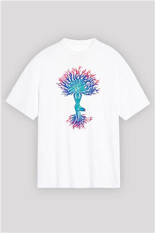 Yoga Baskılı Unisex Beyaz Oversize Tişört - Tshirt
