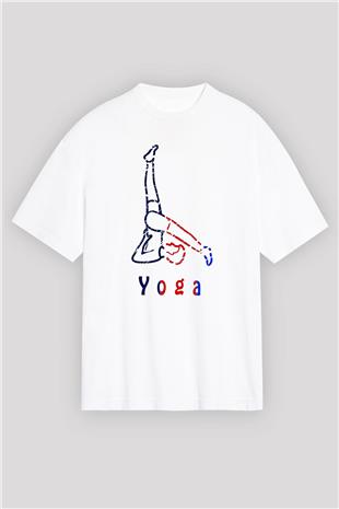 Yoga Baskılı Unisex Beyaz Oversize Tişört - Tshirt