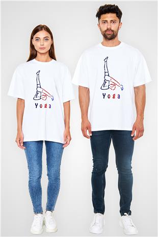 Yoga Baskılı Unisex Beyaz Oversize Tişört - Tshirt