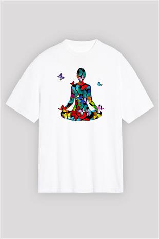 Yoga Baskılı Unisex Beyaz Oversize Tişört - Tshirt