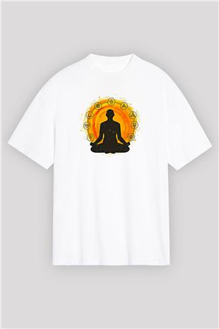 Yoga Baskılı Unisex Beyaz Oversize Tişört - Tshirt