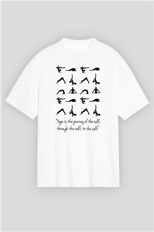 Yoga Baskılı Unisex Beyaz Oversize Tişört - Tshirt