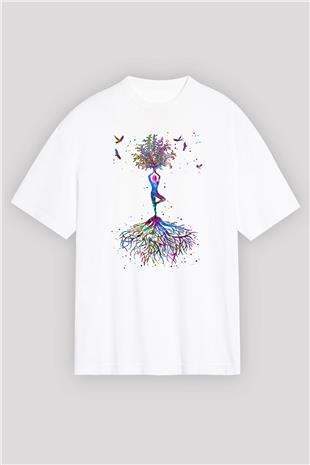 Yoga Baskılı Unisex Beyaz Oversize Tişört - Tshirt