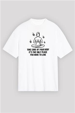Yoga Baskılı Unisex Beyaz Oversize Tişört - Tshirt