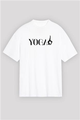Yoga Baskılı Unisex Beyaz Oversize Tişört - Tshirt