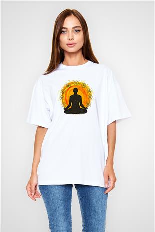 Yoga Baskılı Unisex Beyaz Oversize Tişört - Tshirt