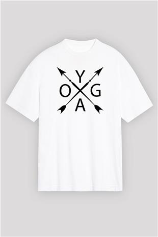 Yoga Baskılı Unisex Beyaz Oversize Tişört - Tshirt