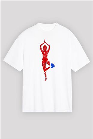 Yoga Baskılı Unisex Beyaz Oversize Tişört - Tshirt