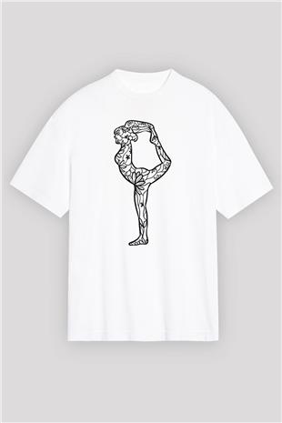 Yoga Baskılı Unisex Beyaz Oversize Tişört - Tshirt