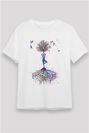 Yoga Baskılı Unisex Beyaz Tişört - Tshirt